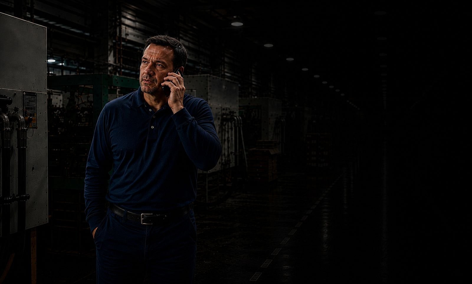 A Novatec service technician on the phone in a darkened plant
