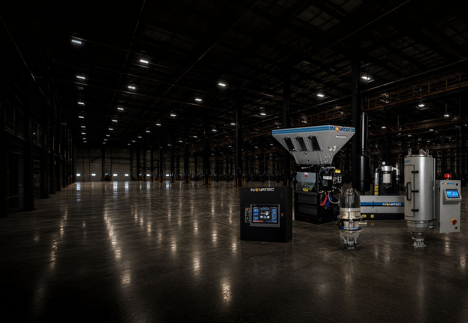 Novatec drying and conveying equipment on a plastics processing floor